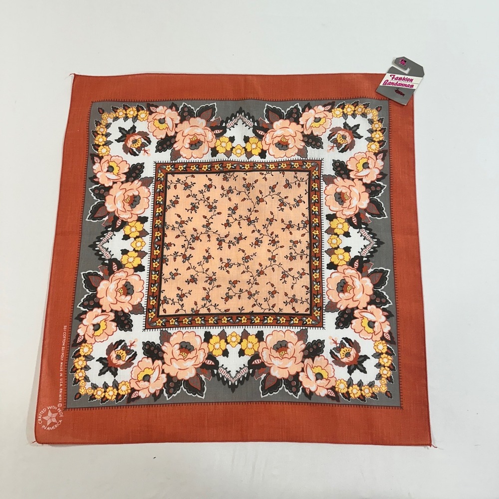 Vintage Fashion Bandannas Floral Bandana 21in Orange Rose USA Made NWT Scarf